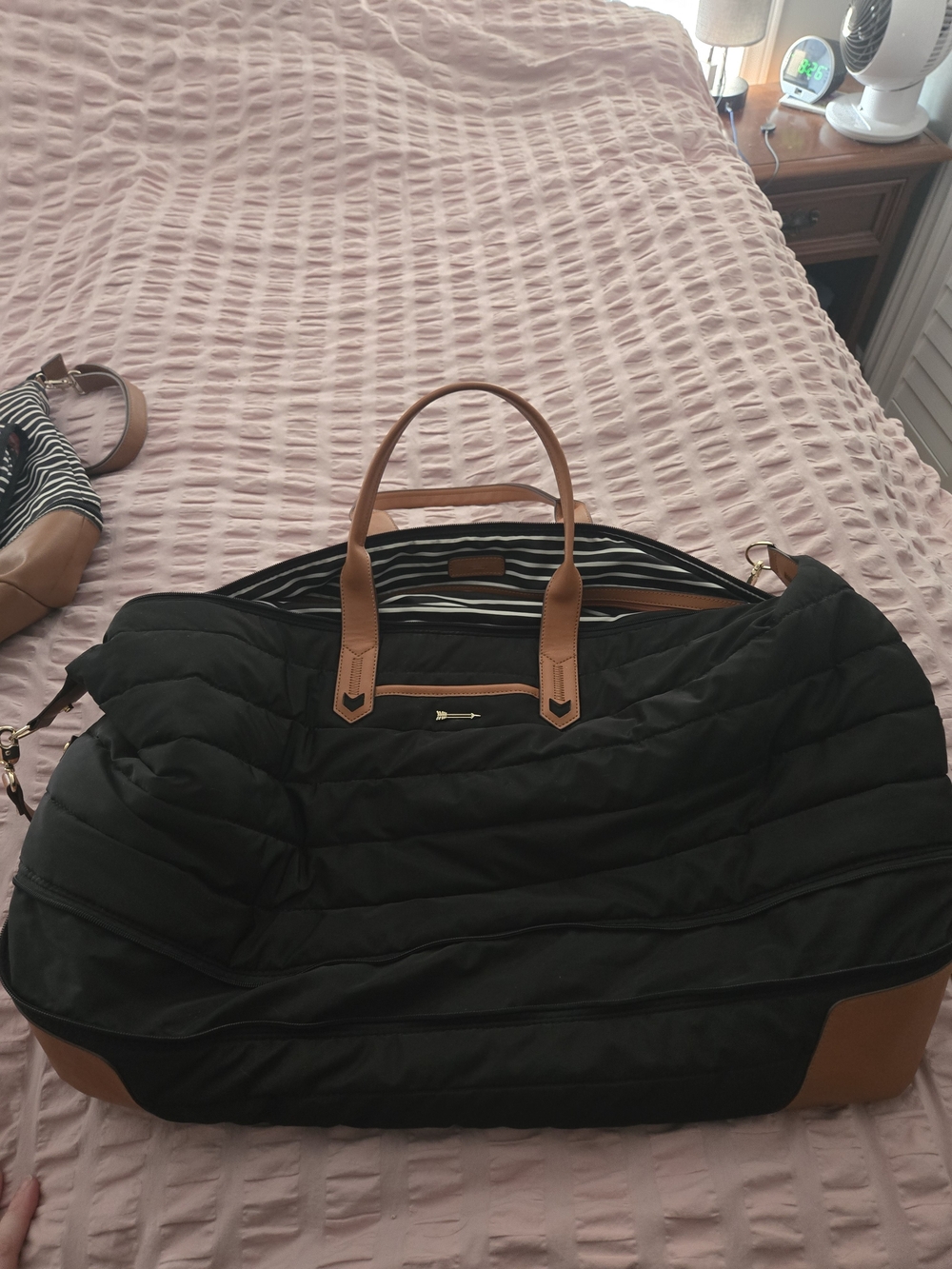 Stella & Dot Black Quilted Travel Duffel with Brown Trim
